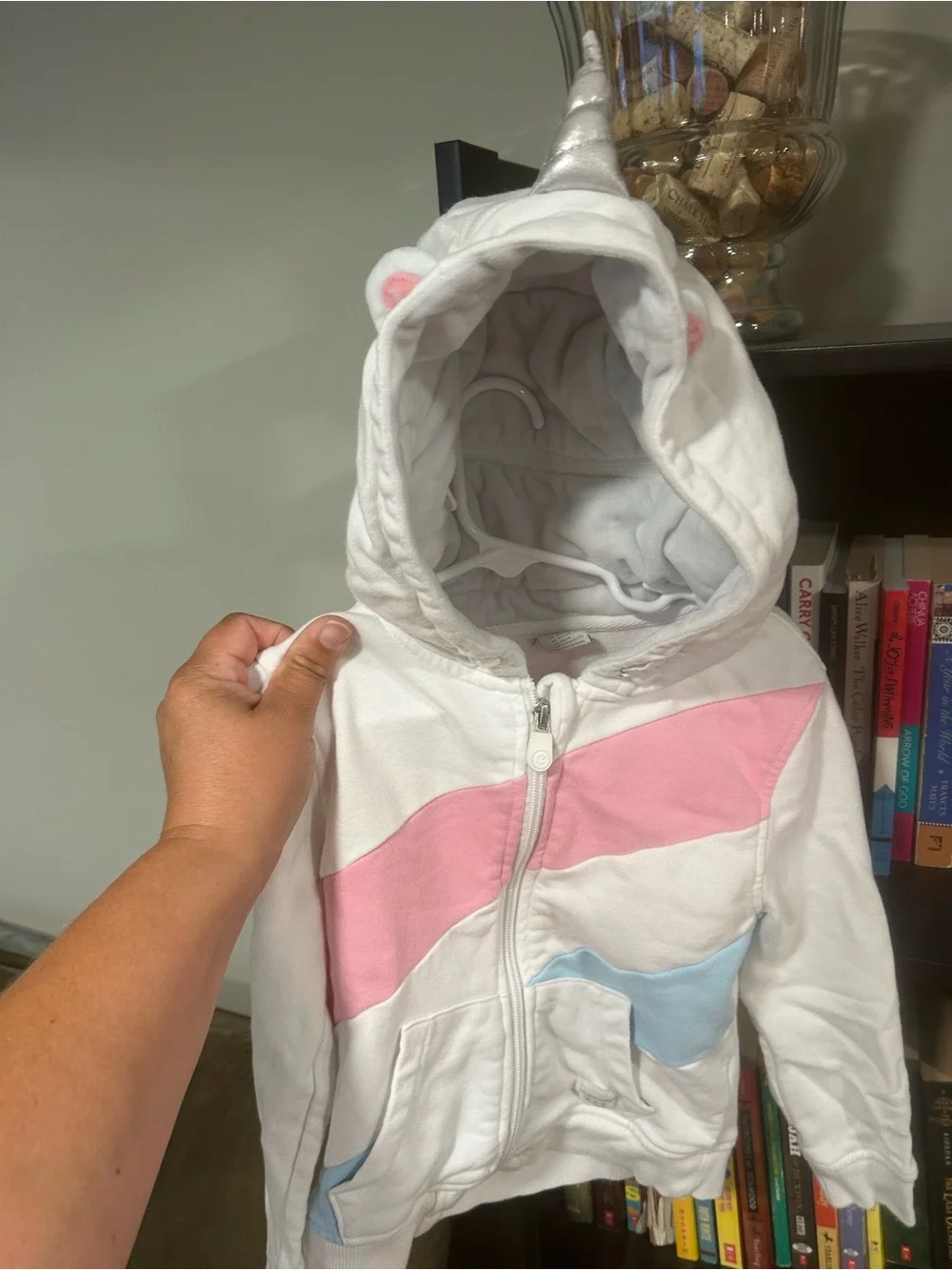 Girls' White Hooded Zip Sweatshirt with Pink & Light Blue Accents